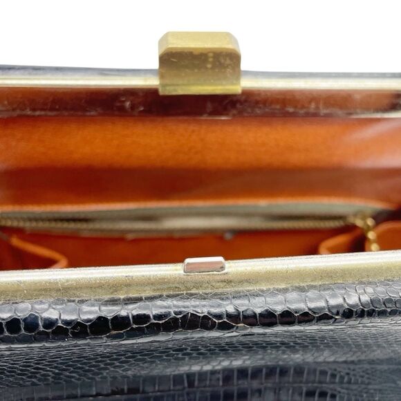 Vintage Black Lizard Embossed Leather Top Handle Frame Bag Gold Hardware 9.5x7